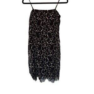 Barami Slip Dress Womens Size 2 Black Ivory Embroidered Scalloped Hem